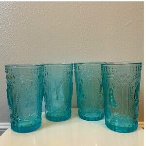 Easter Bunny Embossed Hobnail Victorian Heavy Drinking Glasses Set 4 Blue New